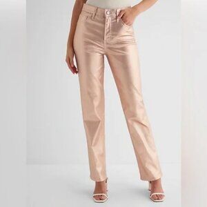 Express Ladies Rose Gold High Waisted Metallic Coated Modern Straight Jeans NWT